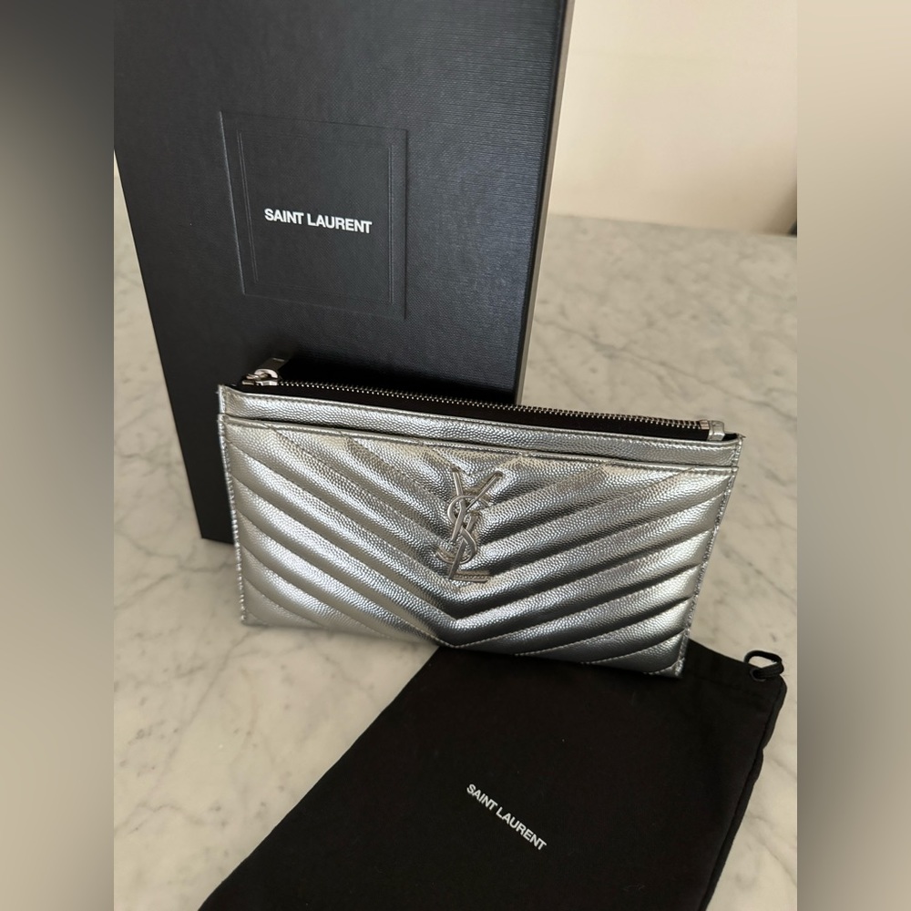 Saint Laurent Monogram Matelasse Cassandre Zip Pouch Silver-USED GOOD CONDITION!